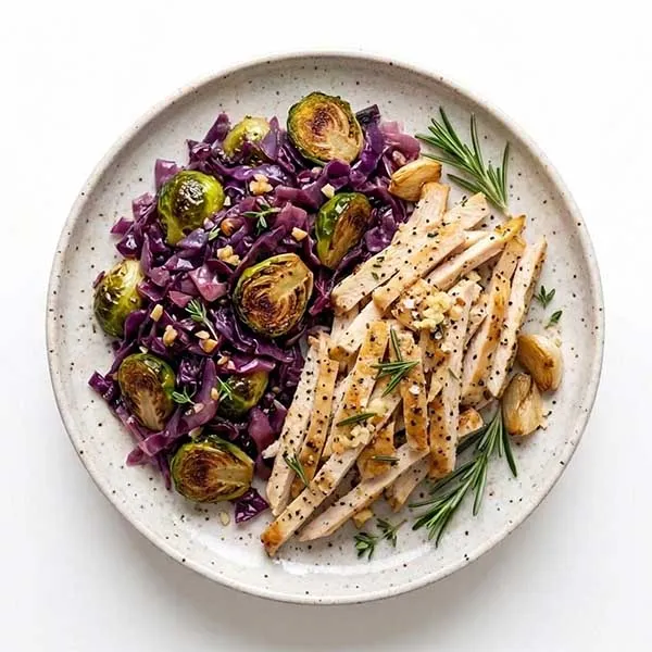 Garlic & Rosemary Roast Chicken with Braised Brussels Sprouts and Red Cabbage Mix
